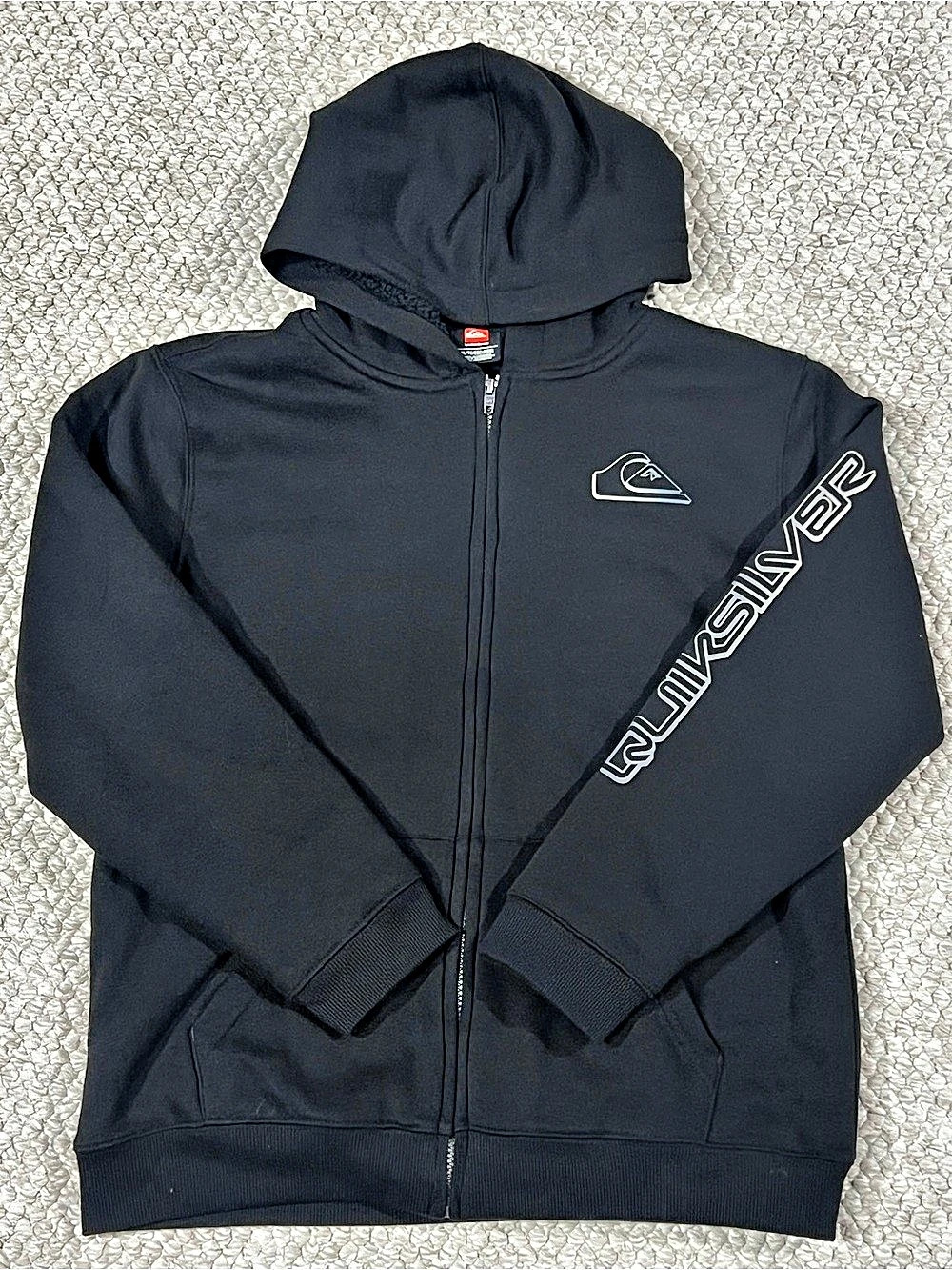 Quicksilver Zip Up Black Fleece Hoodie Surf Sherpa Lined Grunge Youth Size XL